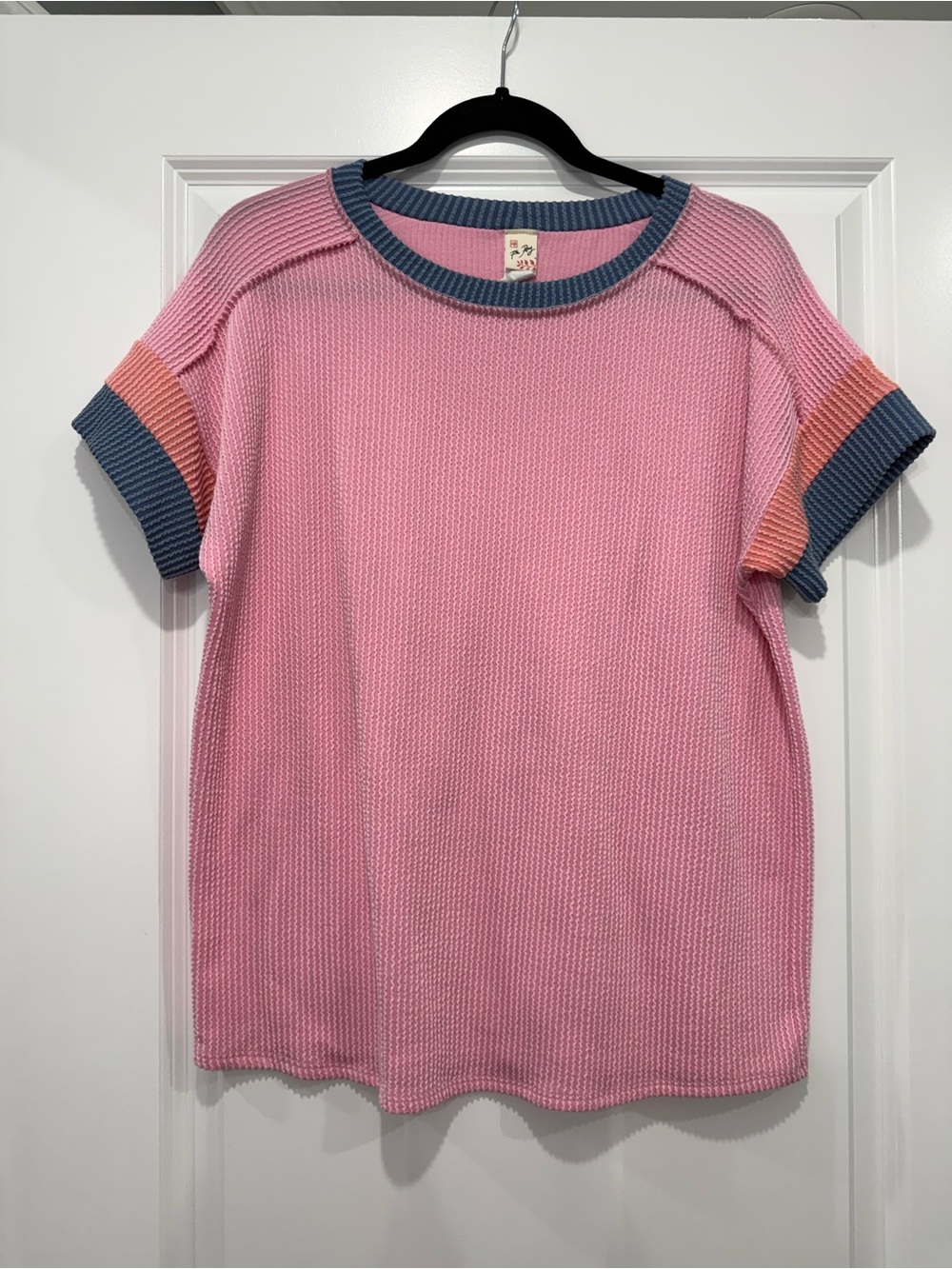 Pink Short Sleeve Ribbed Knit Top with Contrast Trim